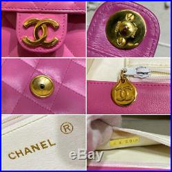 Auth Vintage CHANEL HANDBAG FLAP BAG Pink Leather Matelasse Shoulder Chain Gold