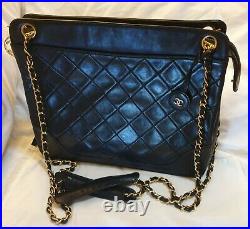 Auth. Vintage Chanel Black Gold quilted matelasse Lamb Skin 10 x 12 x 3.25