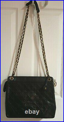 Auth. Vintage Chanel Black Gold quilted matelasse Lamb Skin 10 x 12 x 3.25