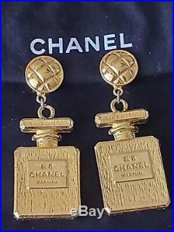 Auth. XXL Vintage Chanel Perfume Bottle Earrings Drop Dangle Clip On Gold Ton