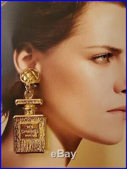 Auth. XXL Vintage Chanel Perfume Bottle Earrings Drop Dangle Clip On Gold Ton