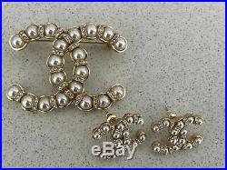 Authentic 2019 Iconic Chanel Pearl Crystal CC Logo Pin Brooch Earrings Set