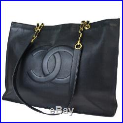 Authentic CHANEL CC Chain Shoulder Tote Bag Leather Black Gold Vintage 57EY033