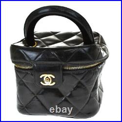 Authentic CHANEL CC Logo Vanity Hand Bag Matelasse Leather Black Gold 94SB422