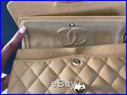 Authentic CHANEL Classic Double Flap Quilted Caramel/Beige Caviar Bag Gold