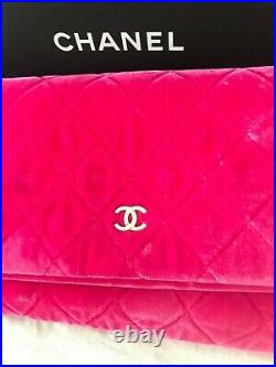 Authentic CHANEL Medium Pink Neon Velvet O Case Matelasse Quilted Clutch Bag