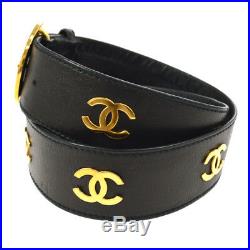 Authentic CHANEL Vintage CC Buckle Belt Black Gold Leather 65/26 AK29871