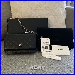 Authentic CHANEL Wallet on a Chain Bag WOC Clutch Purse Black Caviar Gold HW Box