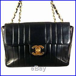 Authentic Chanel Black Veritcal Quilted Lambskin Leather Jumbo Flap Bag