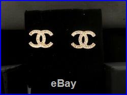Authentic Chanel Classic CC Logo Crystal Gold Earrings Studs