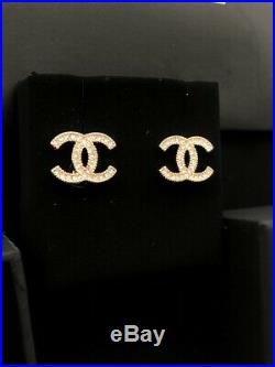 Authentic Chanel Classic CC Logo Crystal Gold Earrings Studs