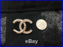 Authentic Chanel Classic Gold Tone Checkered Crystal CC Logo Metal Brooch