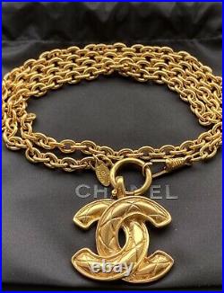Authentic Chanel Gold Matelasse CC Logo Pendant Chain Necklace From 1980-s