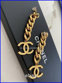 Authentic Chanel Gold SOLD OUT CC Chain Button Drop Dangle Earrings 20P Clip-on