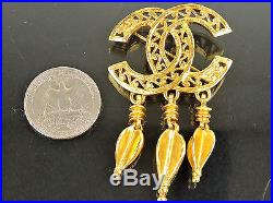 Authentic Chanel Goldtone CC 3 Dangles Jumbo Pin Brooch 95a Made In France +box