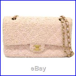 Authentic Chanel Matelasse CC Tweed Canvas Chain Shoulder Bag Pink Gold France