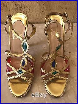 Authentic Christian Louboutin Metallic Gold Strappy Sandal with Jewels Size 38.5