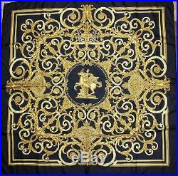 Authentic HERMES 100% Silk Carre Scarf LES TUILERIES Black Gold France