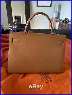 Authentic HERMES Box Kelly 35 cm Natural Box Calf Gold Hardware