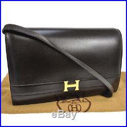 Authentic HERMES Logos Shoulder Bag Brown Gold Box Calf France Vintage BT07765