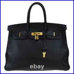 Authentic Hermes Birkin 35 Hand Bag Gulliver Leather Black Gold A 188la908