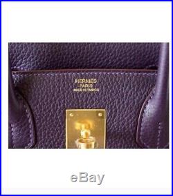 Authentic Hermes Clemence Birkin 35cm Raisin Purple Leather Shoulder Satchel Bag