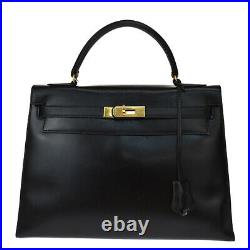 Authentic Hermes Kelly 32 Hand Bag Box Calf Leather Black Gold R France 868e003
