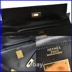 Authentic Hermes Kelly 32 Hand Bag Box Calf Leather Black Gold R France 868e003