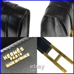 Authentic Hermes Logo Drag Hand Bag Leather Black Gold Tone F France 624lb036