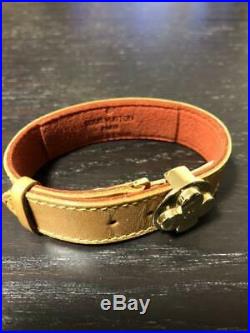 Authentic Louis Vuitton Monogram Leather Bangle Bracelet Brown/Gold Flower Used