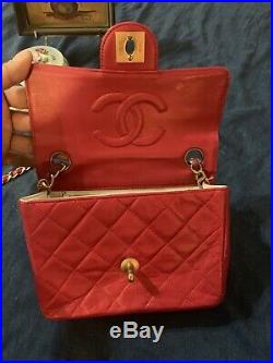 Authentic Vintage CHANEL CLASSIC Mini Flap Red Quilted Handbag Bag