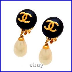 Authentic Vintage Chanel earrings CC logo black round faux pearl dangle #ea3062