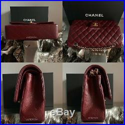 CHANEL 15B Burgundy Caviar Medium Classic Double Flap Bag 2015 GOLD DARK RED