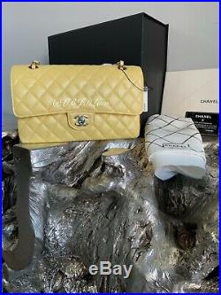 CHANEL 19S Iridescent Yellow Caviar Medium Classic Flap Bag 2019 CC Pearly Gold