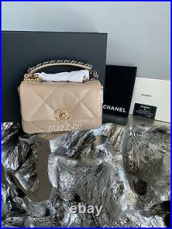 CHANEL 21S Dark Beige 19 Flap Bag Small Medium Quilted Leather Gold Silver CC