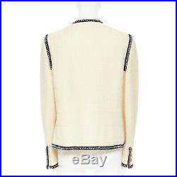 CHANEL 80s vintage ecru tweed navy braid trim gold CC button collarless jacket