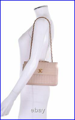 CHANEL Beige Leather Vertical Line Classic Flap 24K Gold CC Shoulder Bag Purse