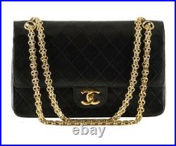 CHANEL Black Lambskin Leather CC 24K Reissue Gold Chain Medium Double Flap Bag