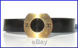 CHANEL Black Patent Leather Gold Tone CC Double Logo Buckle Wide Belt VINTAGE 70