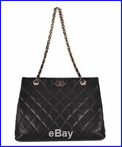 CHANEL Black Quilted Caviar Leather Gold CC Chain Tote Bag Purse