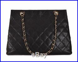 CHANEL Black Quilted Caviar Leather Gold CC Chain Tote Bag Purse
