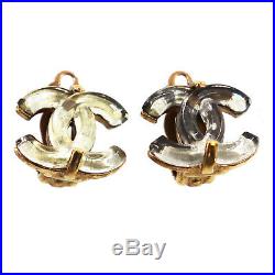 CHANEL CC Logos Earrings Clear Gold Plated Clip-On 02 A Vintage Auth #AB295 I