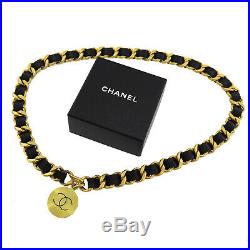 CHANEL CC Logos Gold Chain Belt Black Leather Vintage 94A France Authentic #Y518