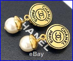 CHANEL CC Logos Pearl Dangle Earrings Gold Tone Vintage 97P withBOX #1802