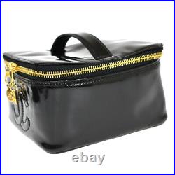 CHANEL CC Logos Vanity Hand Bag Patent Leather Black Gold Italy Vintage 82BU225