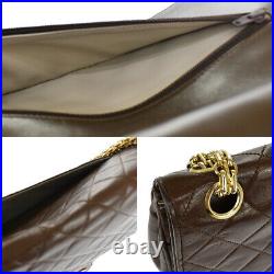 CHANEL CC Matelasse Double Flap Chain Shoulder Bag Leather Brown Gold 368LB559