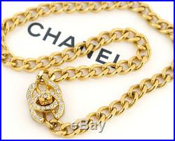 CHANEL CC Turnlock Chain Necklace Rhinestone Gold Tone Vintage v1812