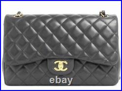 CHANEL CLASSIC BLACK LAMBSKIN JUMBO DOUBLE FLAP BAG GOLD GHW withAuthenticity Cert