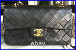 CHANEL Classic Vintage Black Lambskin 24K Gold Small Double Flap Crossbody Bag