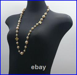 CHANEL Clover Pearl Chain Necklace 30 Gold tone Vintage withBOX v1300